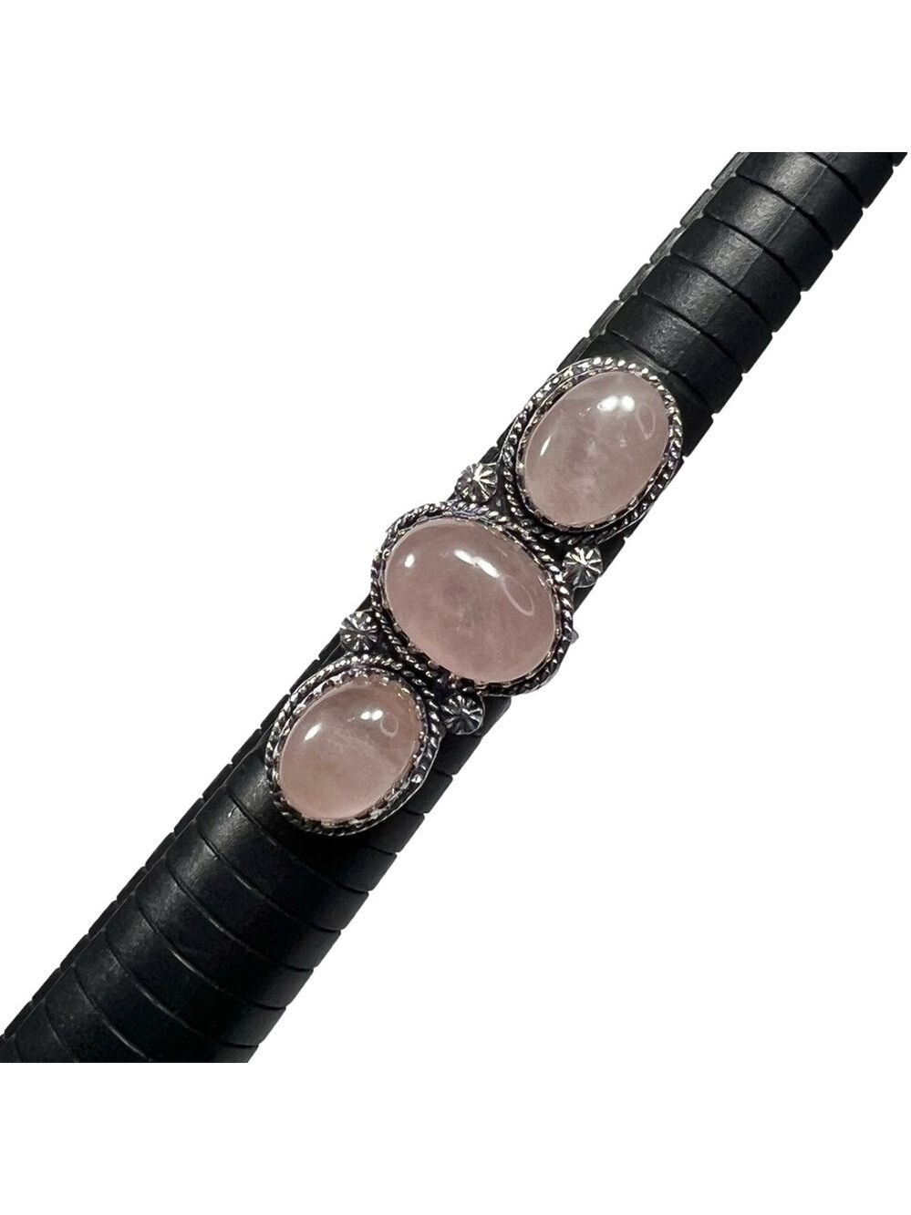 Rose Quartz 925 Triple Stone Gemstone Silver Ring 7.5